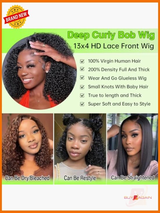 16 Inch Bob Wig Human Hair 200% Density Deep Wave Lace Front Wig for Women Pre main image 4